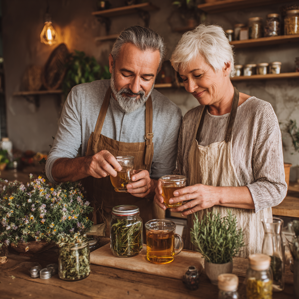 Middle-aged couple preparing herbal tea in cozy evening setting