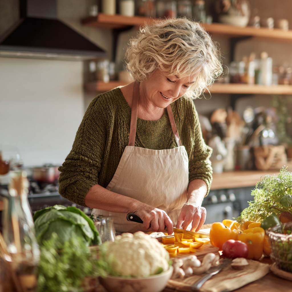 Middle-aged woman preparing healthy fiber-rich meal in kitchen