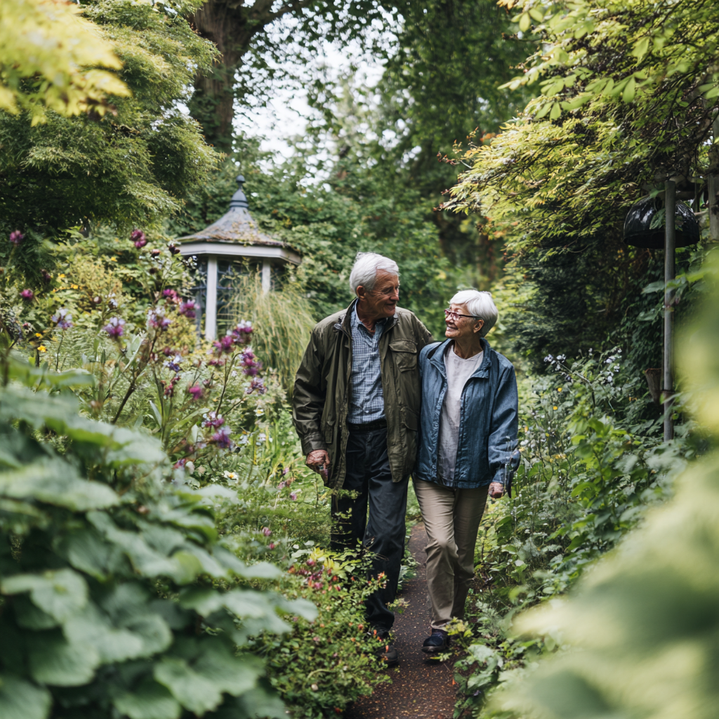 Older adults enjoying peaceful garden walk with natural surroundings